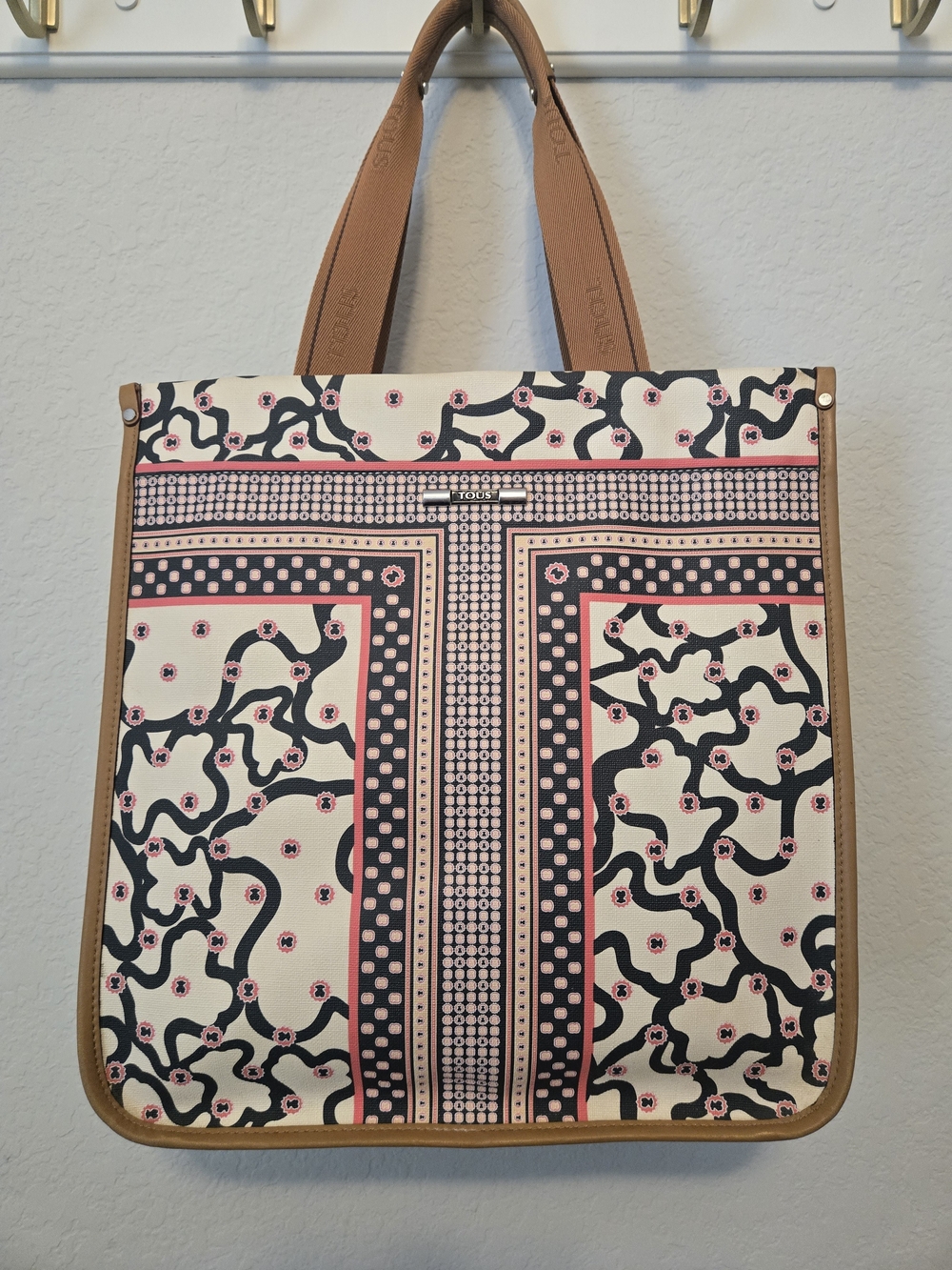 Tous Canvas Tote in Cream, Navy & Pink with Tan Handles